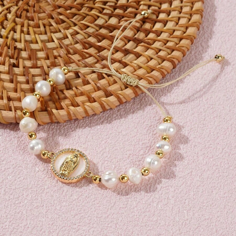 Pulseira de Pérola Natural com Virgem Maria Banhada a Ouro 18K