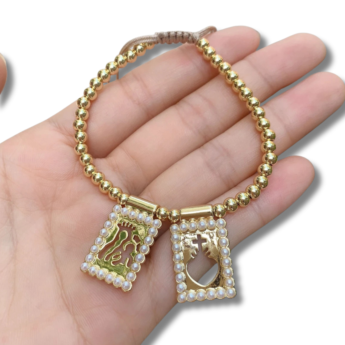 Pulseira Religiosa Ajustável com Pingente Banhado a Ouro