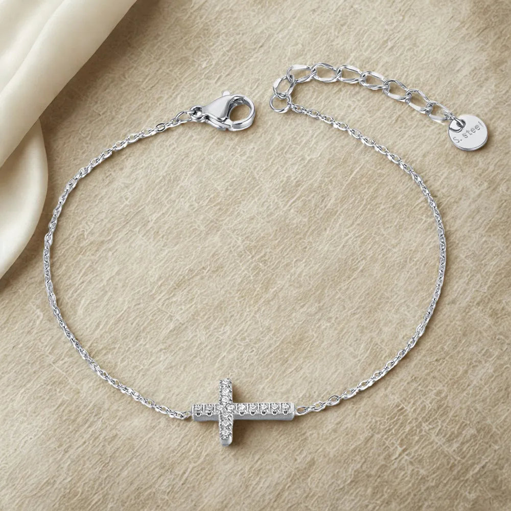 Pulseira Charme Cruz Aço Inoxidável com Zircônia