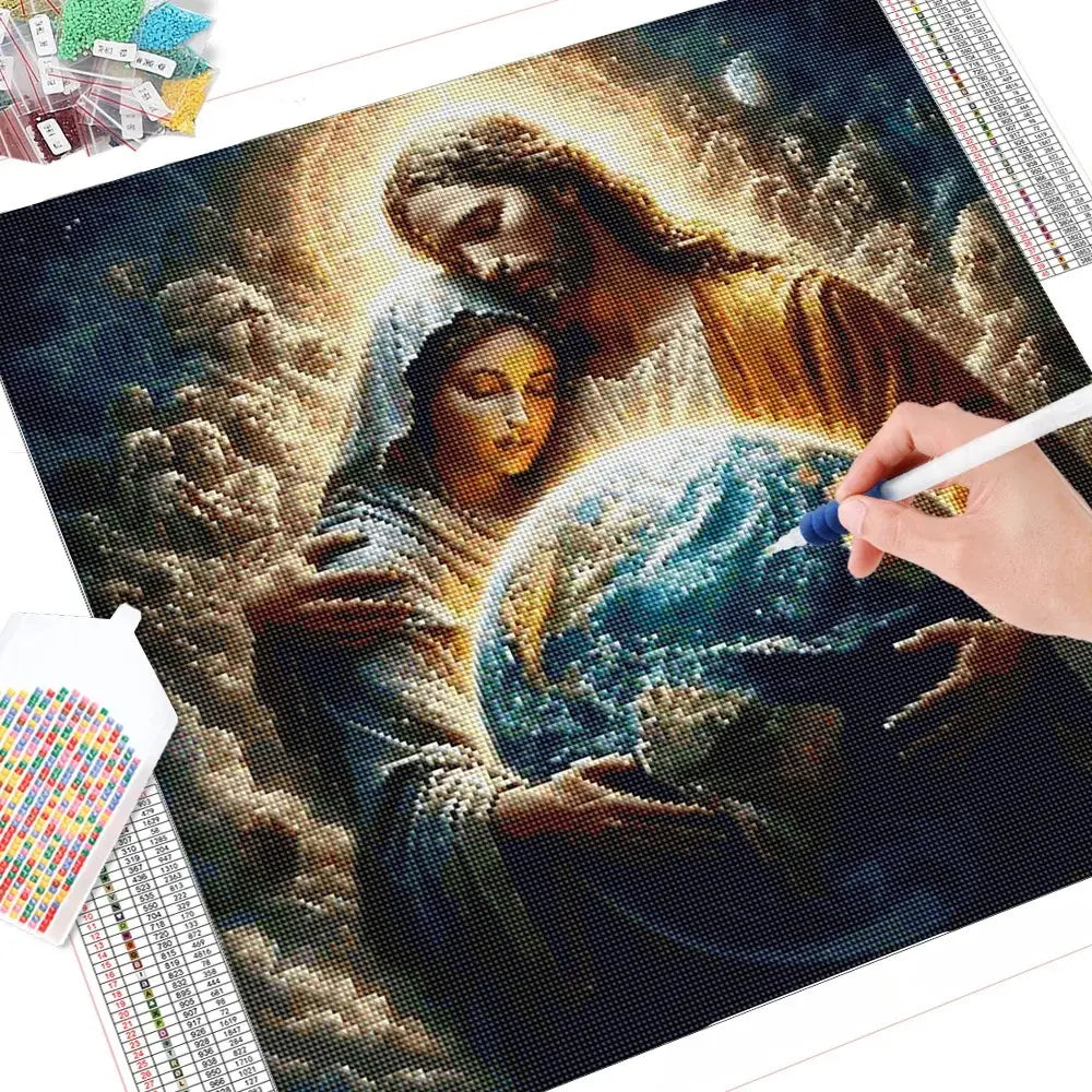 Explore o Kit Pintura Diamante 5D com Jesus e Santa Maria. Arte religiosa perfeita para decoração.