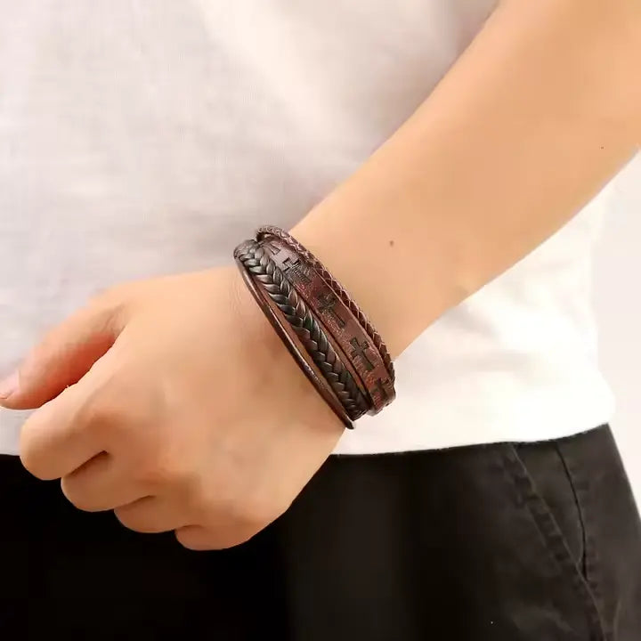 Pulseira Cruz de Couro Vintage Masculina