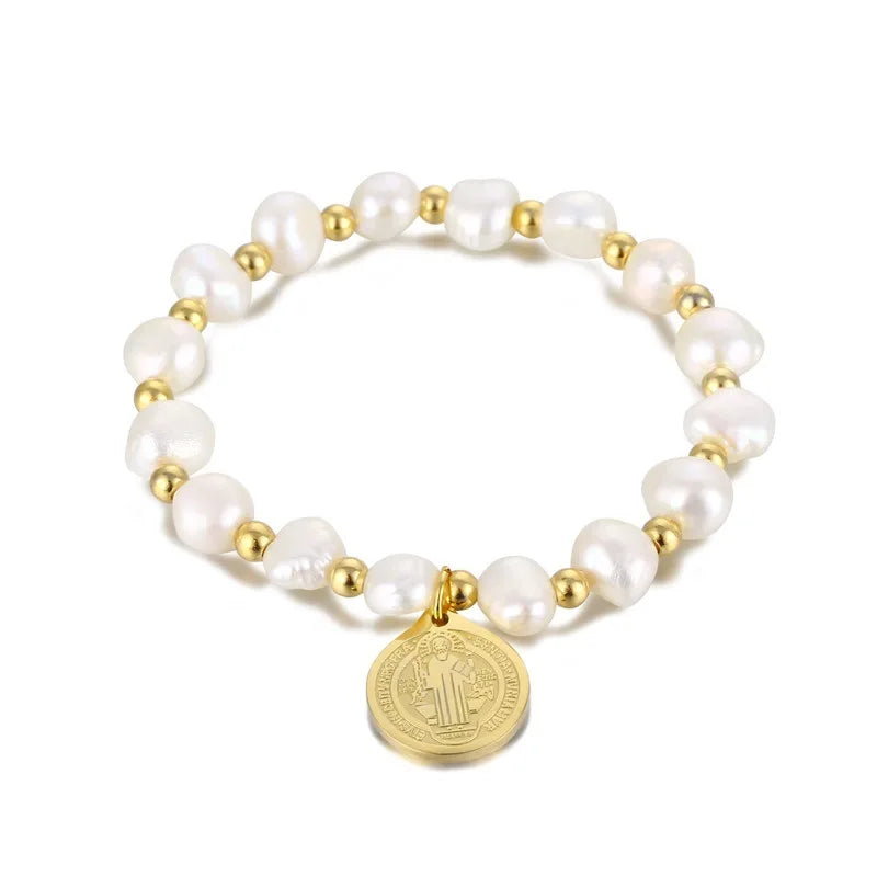 Pulseira Medalha São Bento com Pérolas Naturais