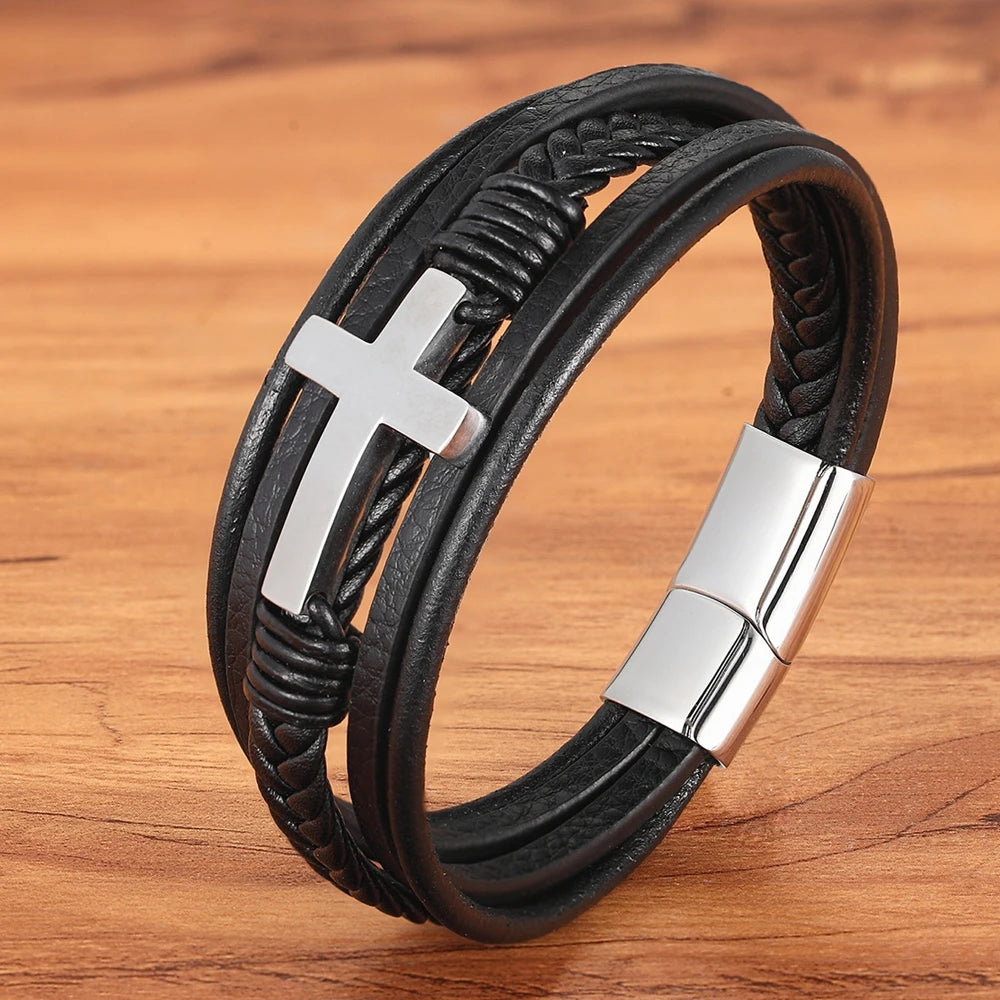 Pulseira Masculina de Couro com Cruz Sagrado Estilo