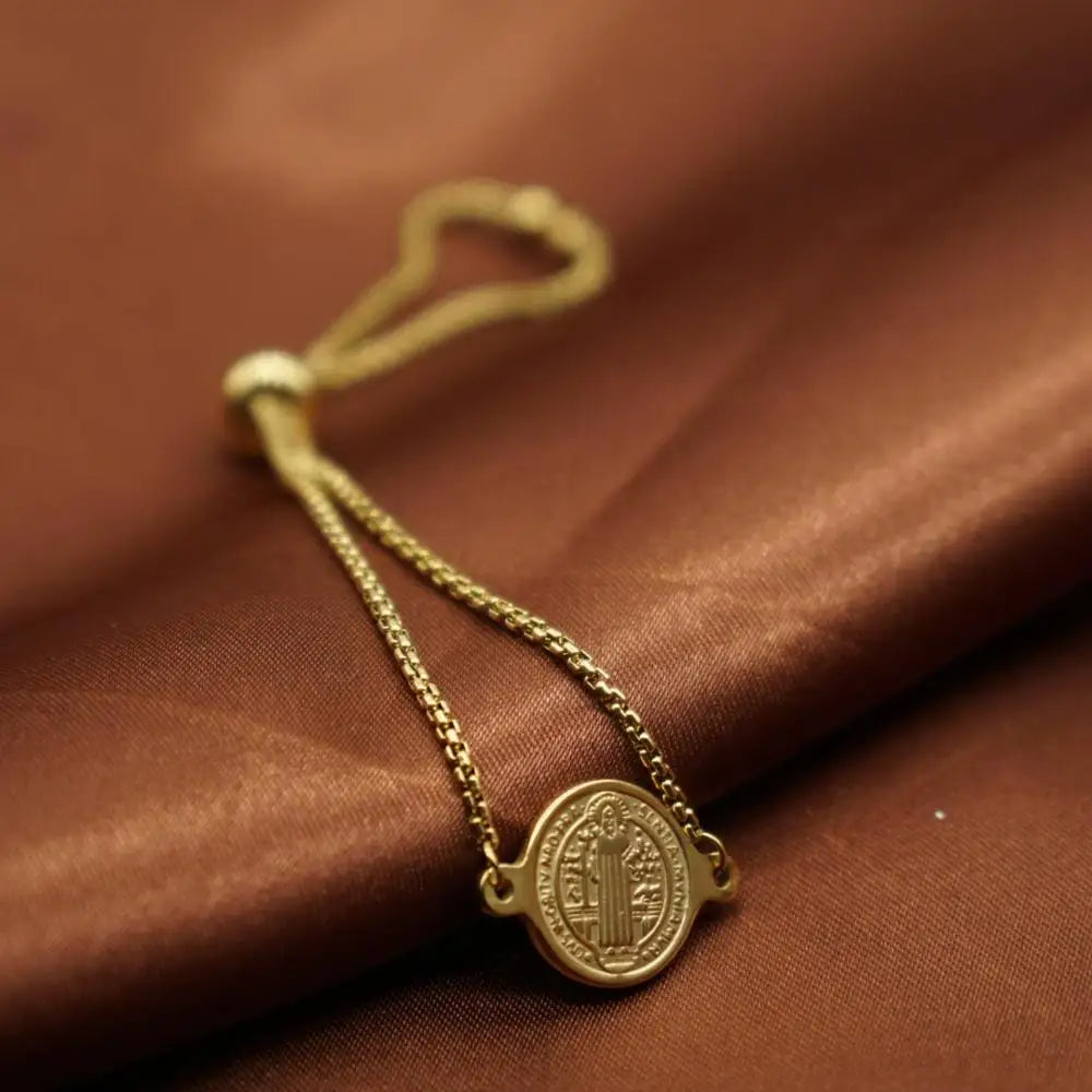 Pulseira Medalha São Bento em Aço Inoxidável Ajustável