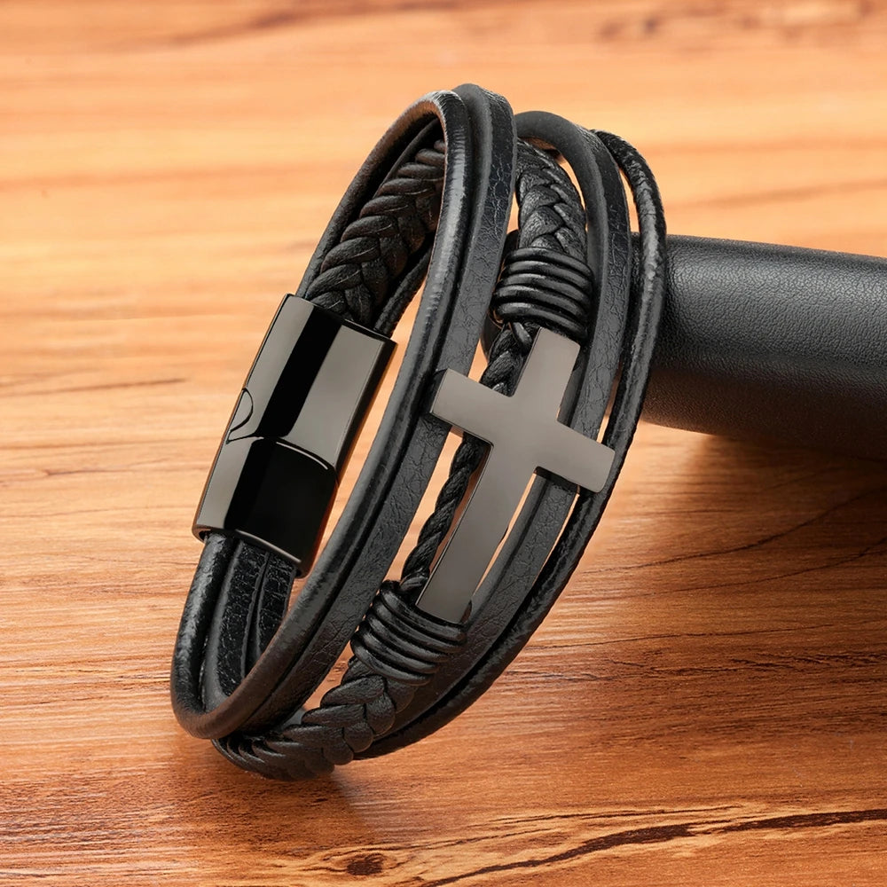Pulseira Masculina de Couro com Cruz Sagrado Estilo