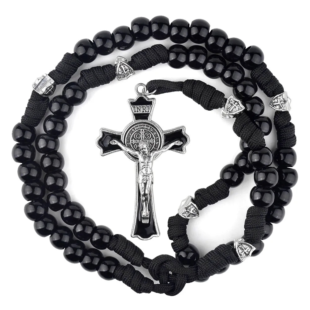 Terço Masculino de Paracord São Bento Preto com Contas Acrílicas