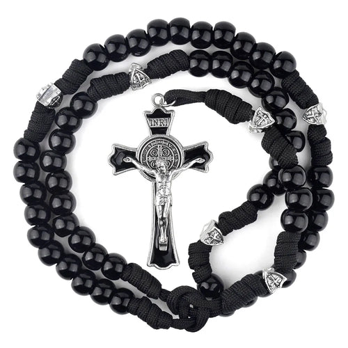 Terço Masculino de Paracord São Bento Preto com Contas Acrílicas