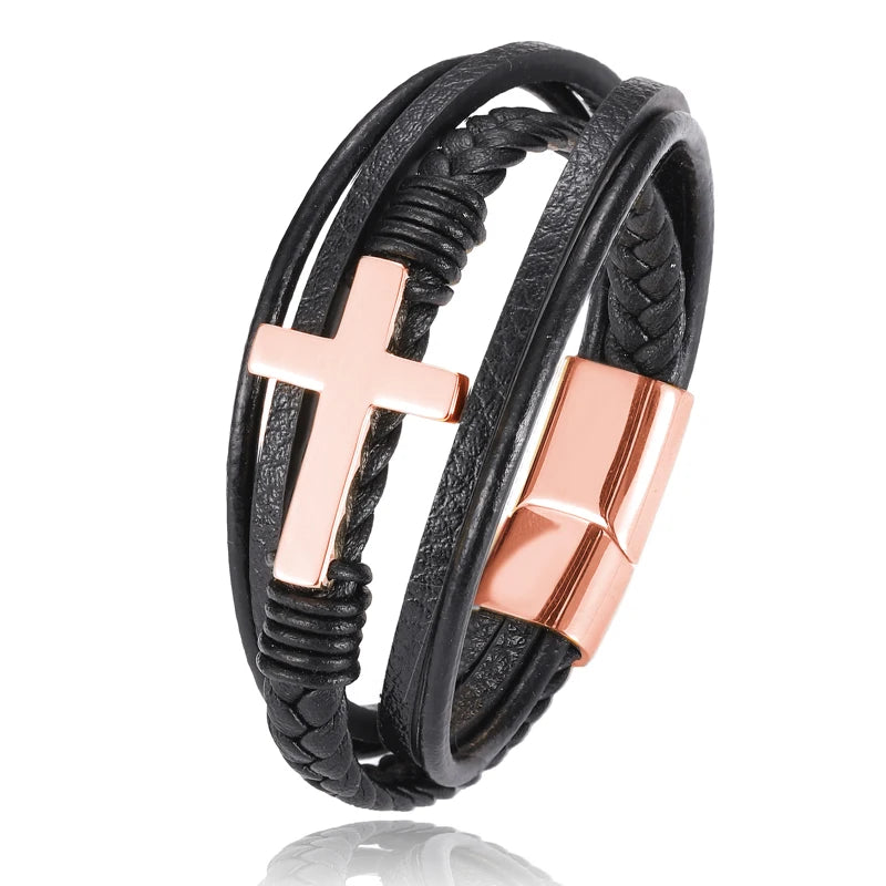Pulseira Masculina de Couro com Cruz Sagrada Devoção