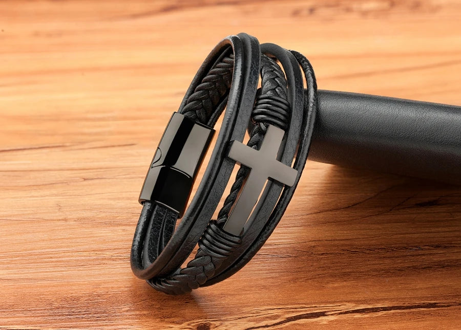 Pulseira Masculina de Couro com Cruz Sagrado Estilo