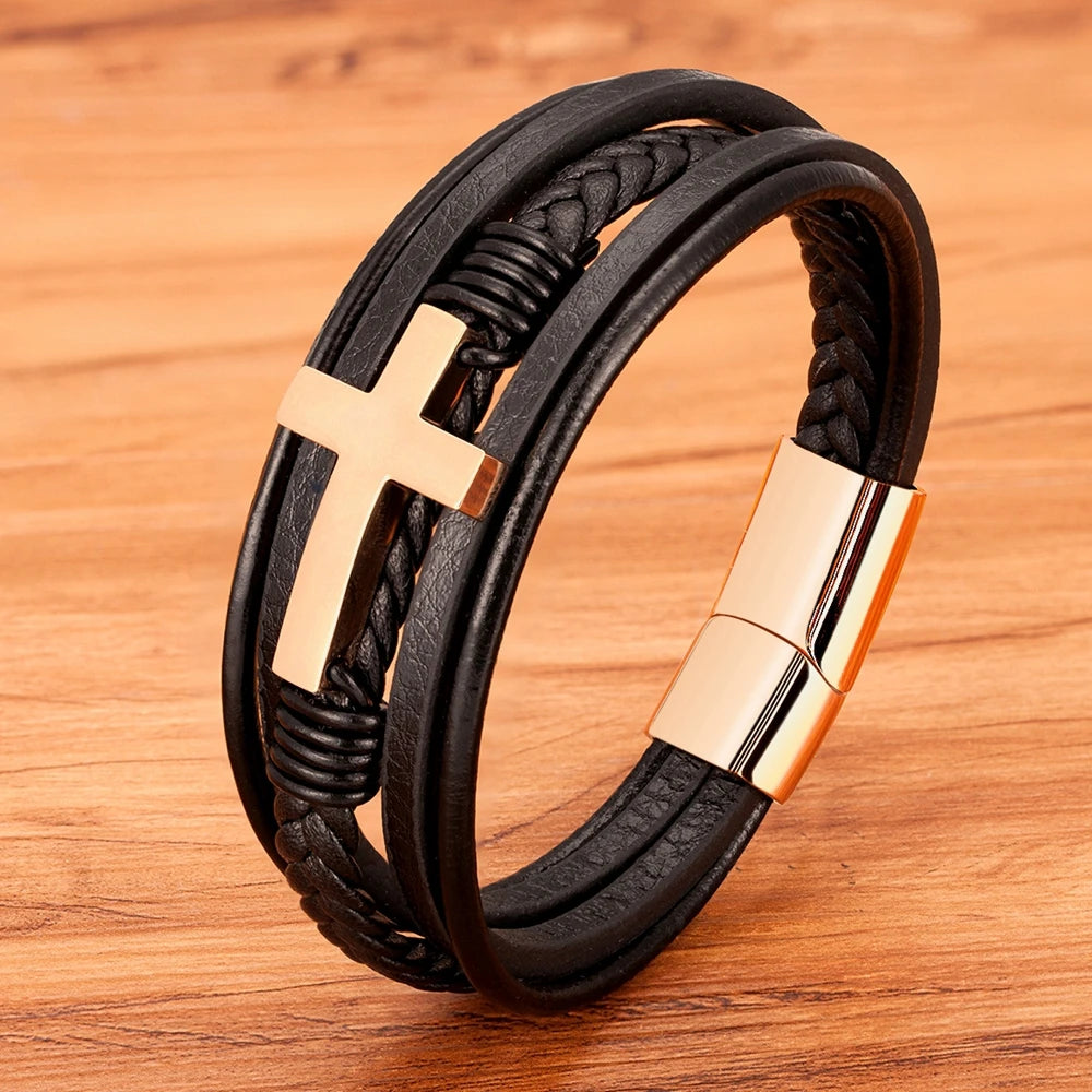 Pulseira Masculina de Couro com Cruz Sagrado Estilo
