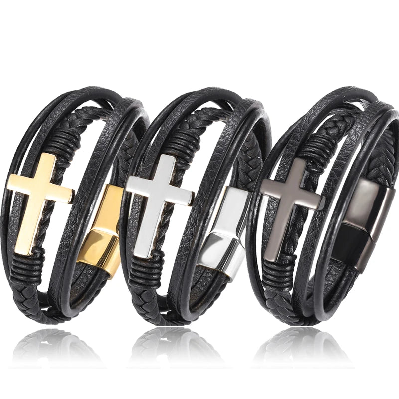Pulseira Masculina de Couro com Cruz Sagrada Devoção