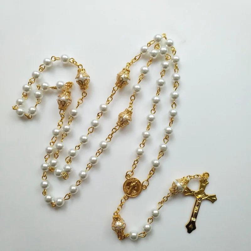 Religiosos Medalha de São Bento Crucifixo Cruz Colar Y, Cinco Abençoado Rosário, Corrente Frisada, Jóias, Terço