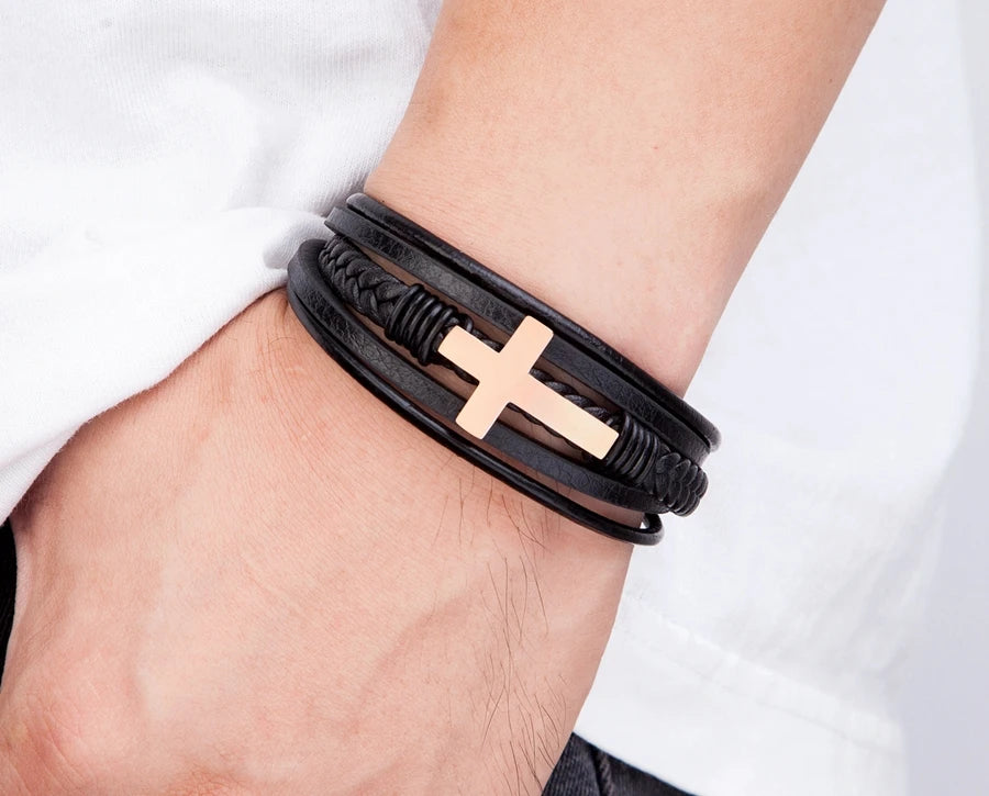 Pulseira Masculina de Couro com Cruz Sagrado Estilo