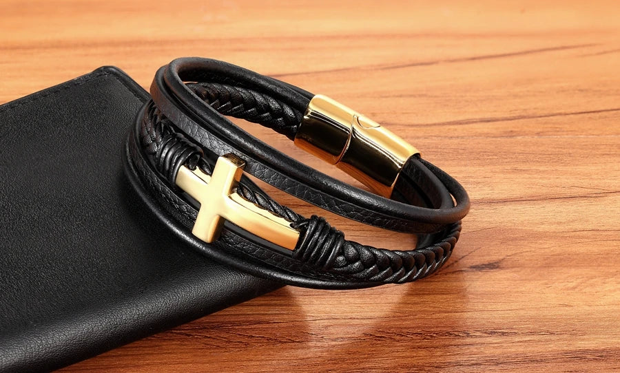 Pulseira Masculina de Couro com Cruz Sagrado Estilo