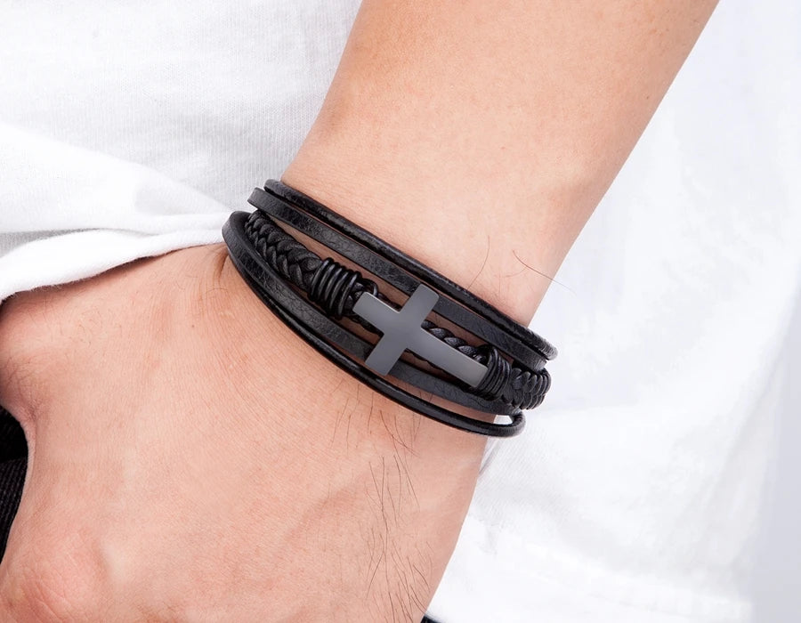 Pulseira Masculina de Couro com Cruz Sagrado Estilo