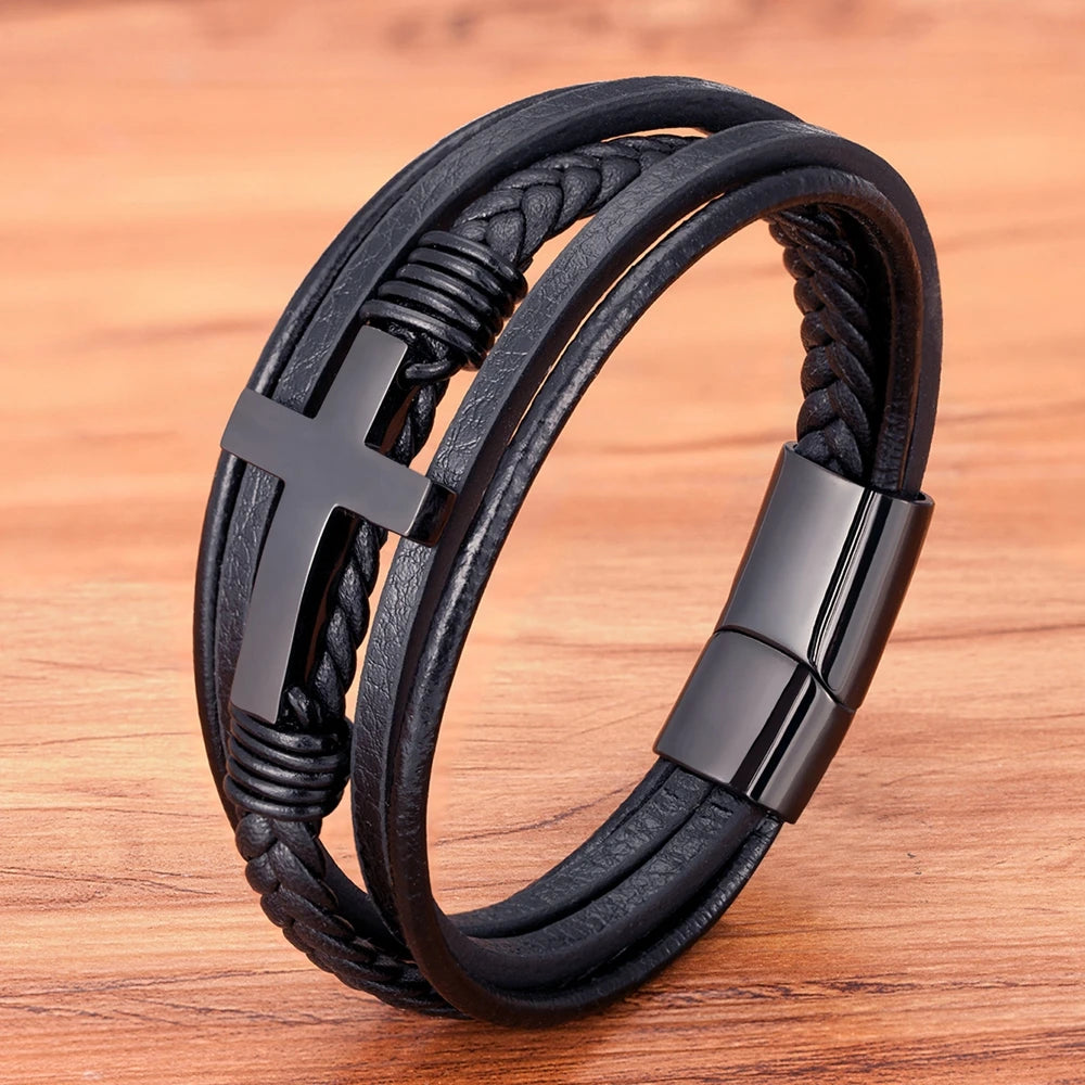 Pulseira Masculina de Couro com Cruz Sagrado Estilo