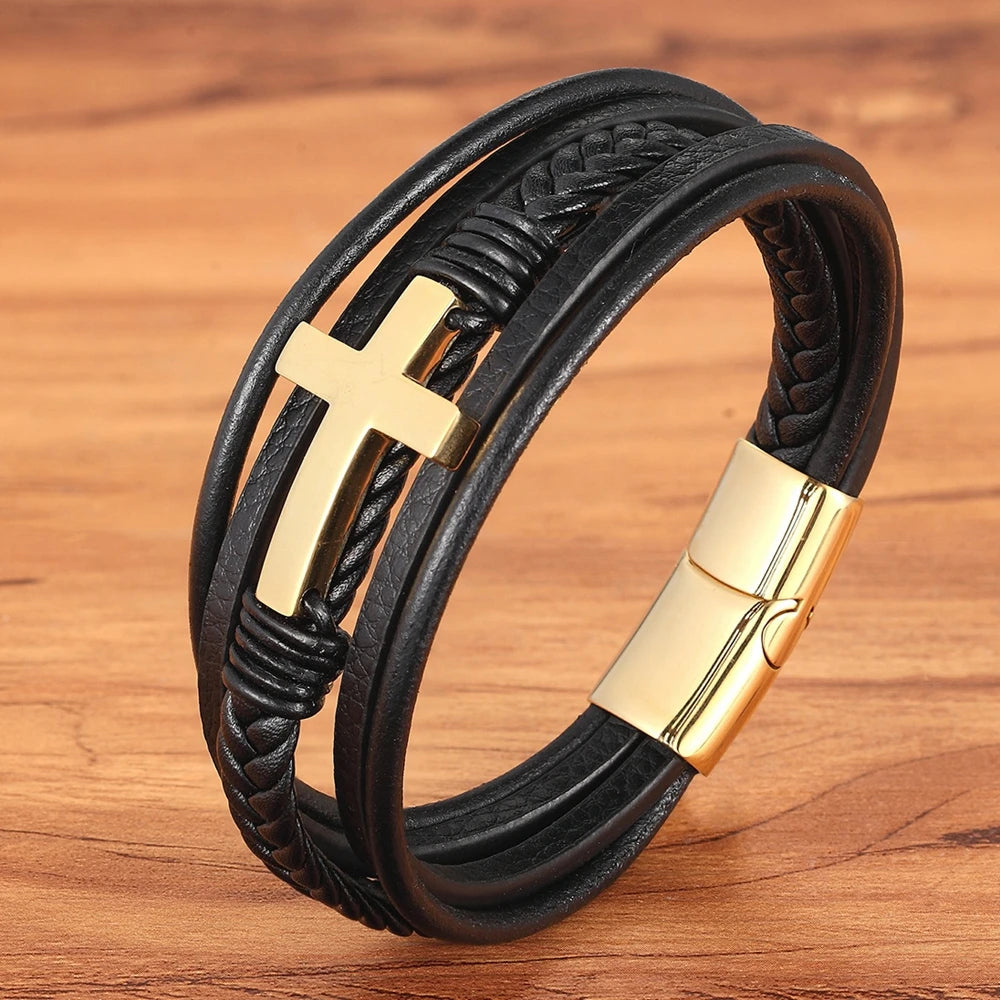 Pulseira Masculina de Couro com Cruz Sagrado Estilo