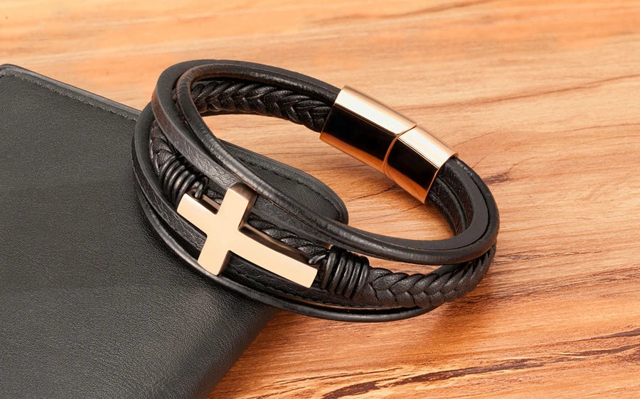 Pulseira Masculina de Couro com Cruz Sagrado Estilo