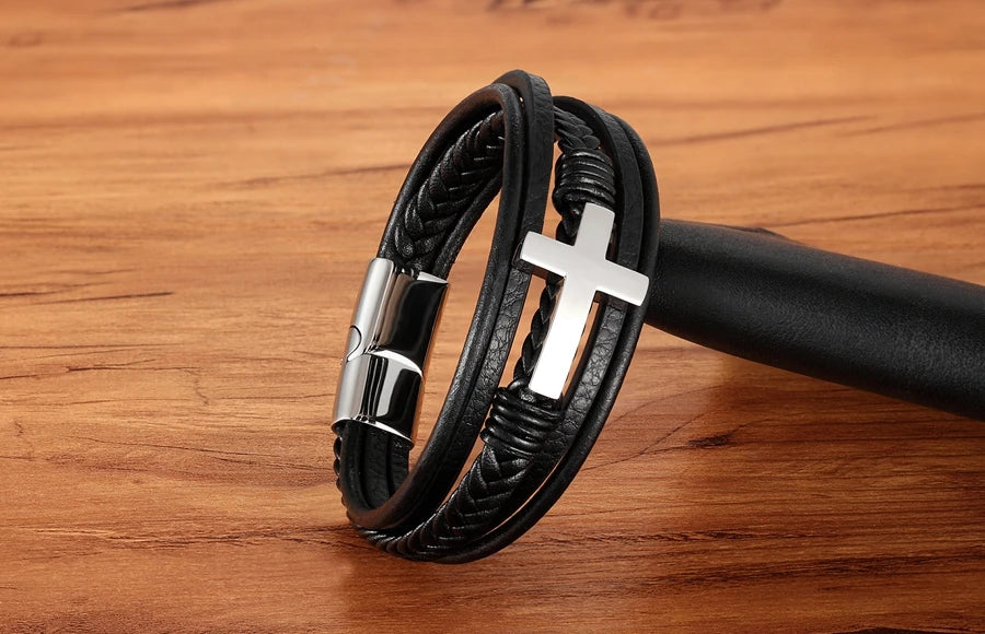 Pulseira Masculina de Couro com Cruz Sagrado Estilo