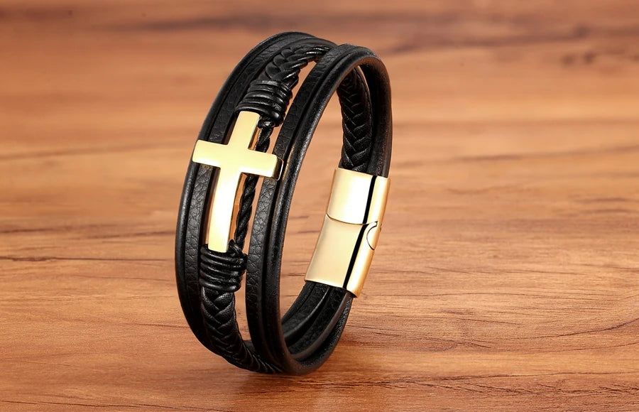 Pulseira Masculina de Couro com Cruz Sagrado Estilo
