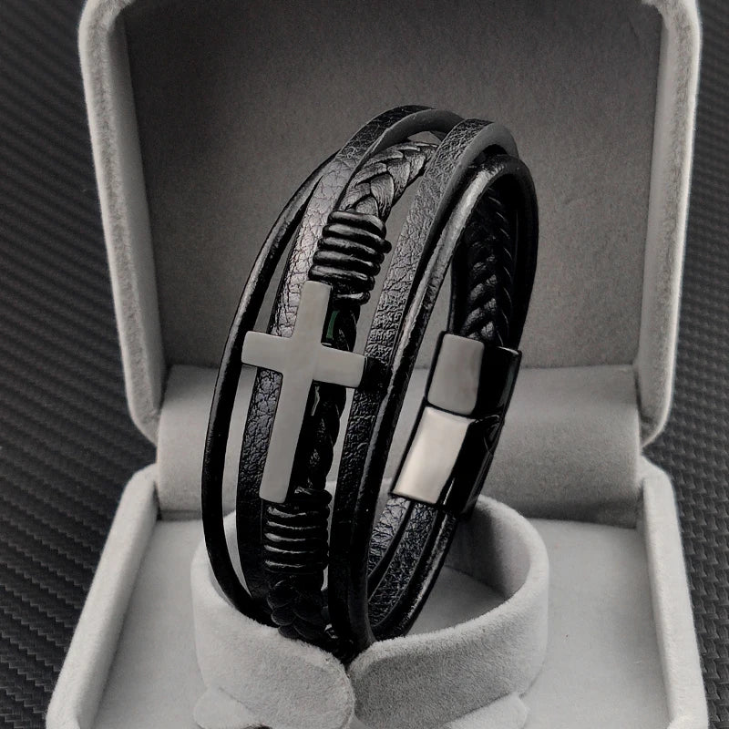 Pulseira Masculina de Couro com Cruz Sagrada Devoção