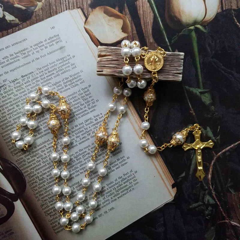 Religiosos Medalha de São Bento Crucifixo Cruz Colar Y, Cinco Abençoado Rosário, Corrente Frisada, Jóias, Terço