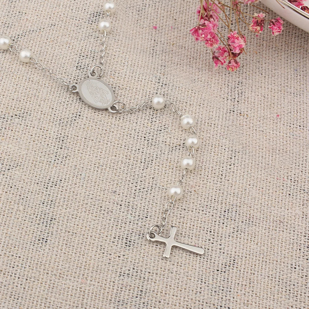Fine4u-n421 colar de aço inoxidável com pingente cruz, virgem maria, 4mm, rosário, contas, jóias cristãs