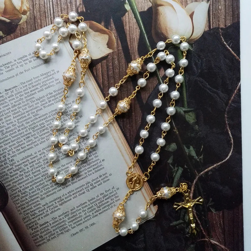 Religiosos Medalha de São Bento Crucifixo Cruz Colar Y, Cinco Abençoado Rosário, Corrente Frisada, Jóias, Terço