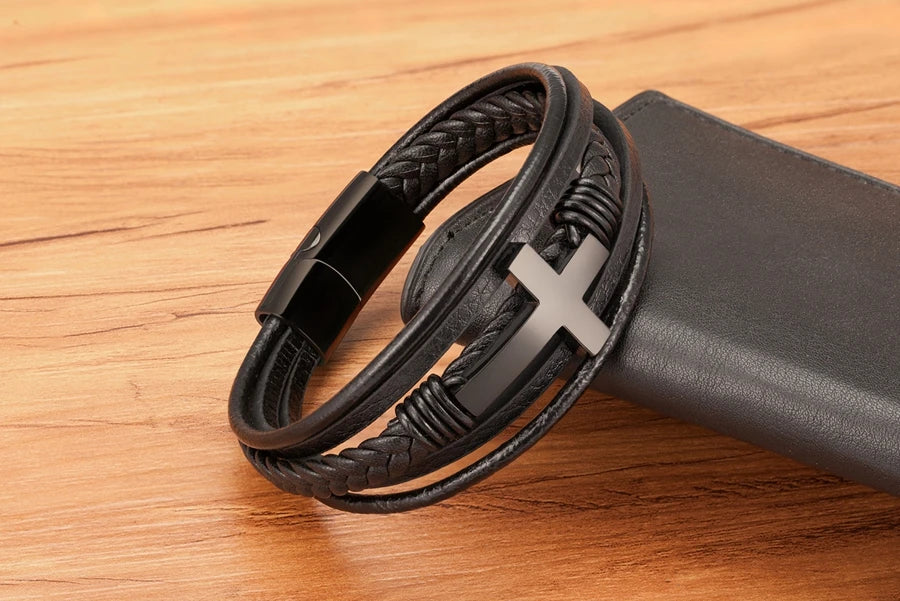Pulseira Masculina de Couro com Cruz Sagrado Estilo