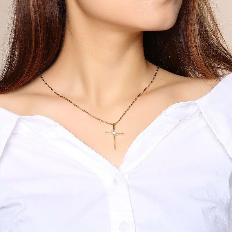 Pingente cruz cruz zircônia cúbica para mulheres colar aço inoxidável pingente cz pedra costura cristão joias atacado