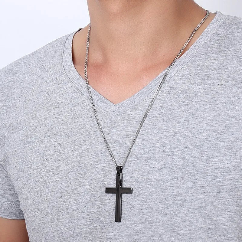 Meaeguet colares clássicos masculinos com pingente, aço inoxidável, cruz preta, dor humano e símbolo da espero, corrente de 24 polegadas
