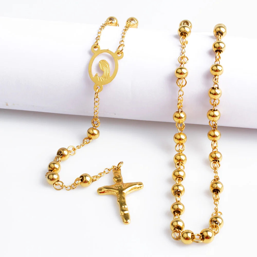 Colar de pingente de cruz para homens mulheres 316L aço inoxidável colar de contas de rosário jóias religiosas