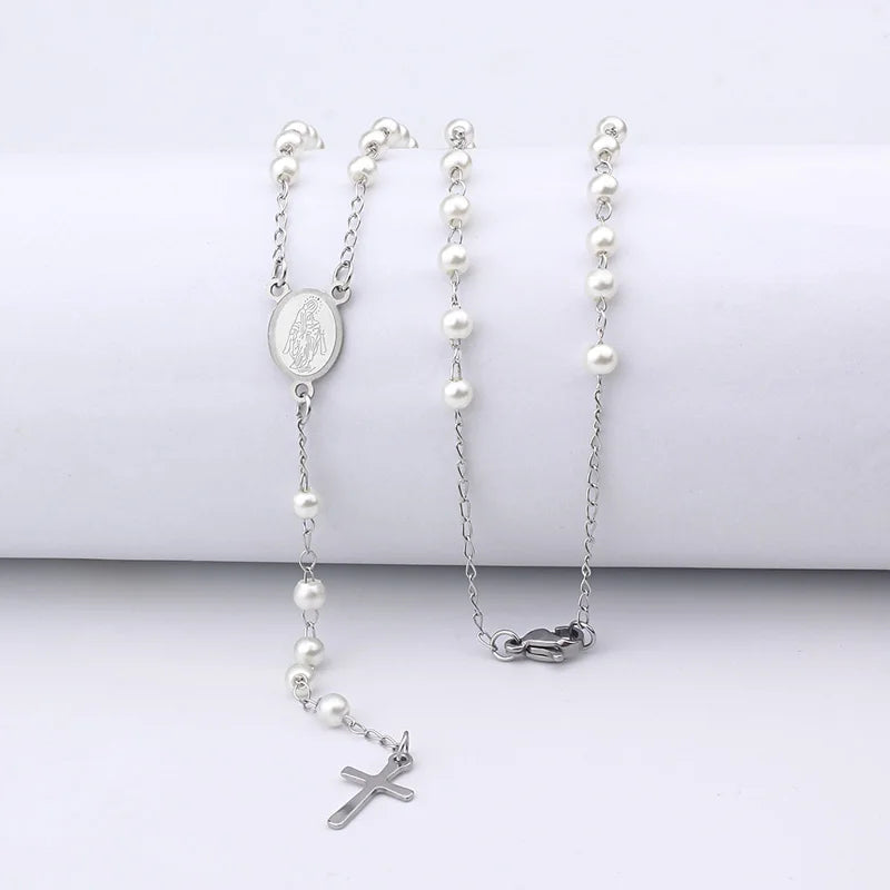 Fine4u-n421 colar de aço inoxidável com pingente cruz, virgem maria, 4mm, rosário, contas, jóias cristãs