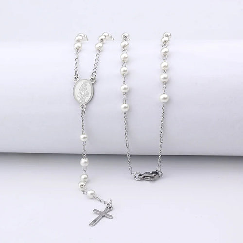 Fine4u-n421 colar de aço inoxidável com pingente cruz, virgem maria, 4mm, rosário, contas, jóias cristãs