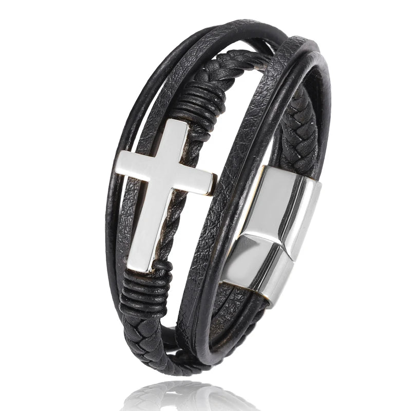 Pulseira Masculina de Couro com Cruz Sagrada Devoção