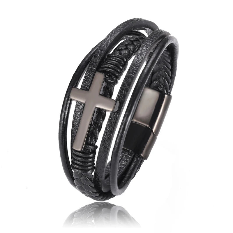 Pulseira Masculina de Couro com Cruz Sagrada Devoção