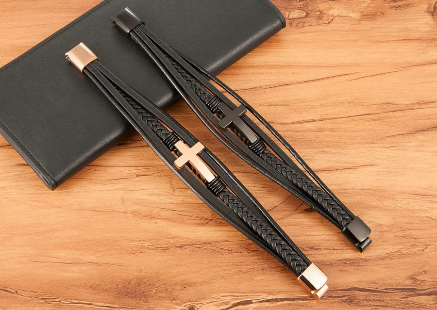 Pulseira Masculina de Couro com Cruz Sagrado Estilo