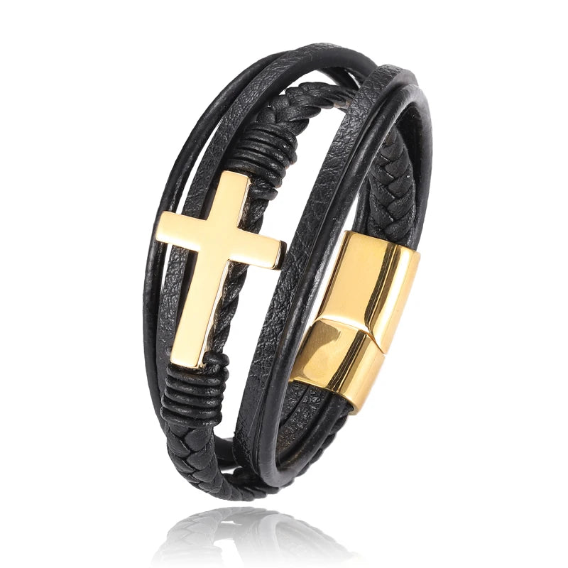 Pulseira Masculina de Couro com Cruz Sagrada Devoção