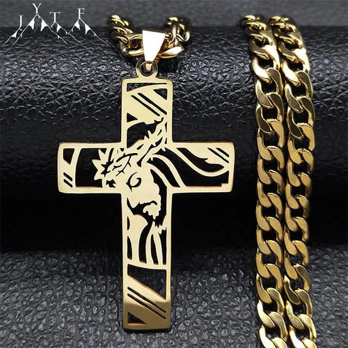 Colar Crucifixo Jesus em Aço Inoxidável Banhado a Ouro