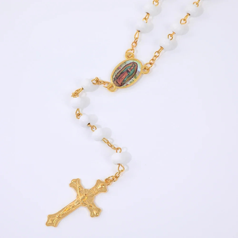 Colar de Rosário de Madeira para Mulheres e Homens, Pingente Religioso Virgem Maria Cruz, Cadeia de Contas Longas, Oração Católica, Jóias Festas, 6mm