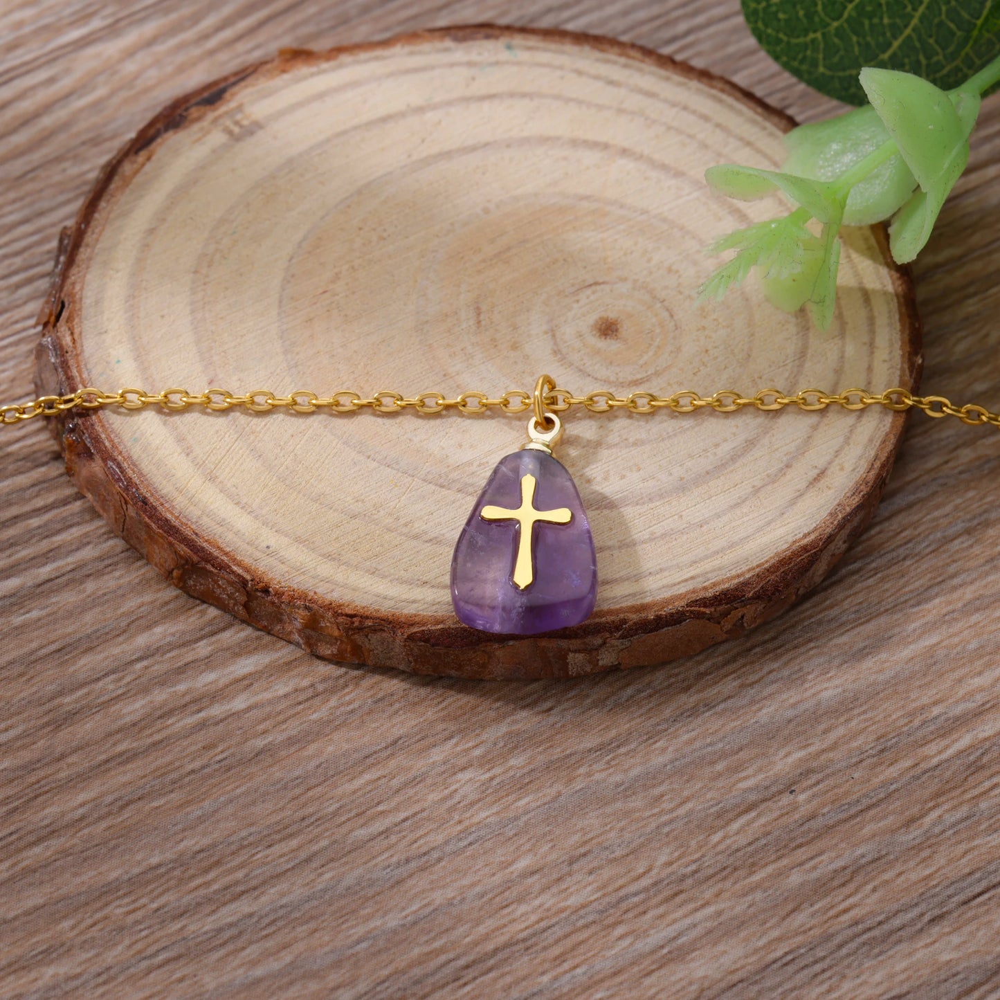 Colar Cruz de Pedra Natural em Aço Inoxidável