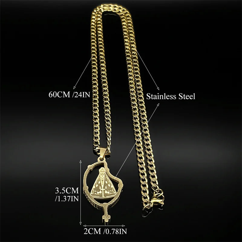 Colar Aparecida com Terço em Aço Inoxidável Dourado/Prateado