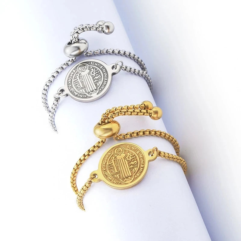 Pulseira Medalha São Bento em Aço Inoxidável Ajustável