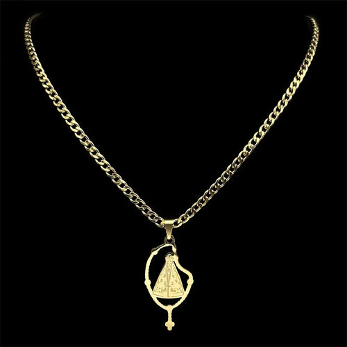 Colar Aparecida com Terço em Aço Inoxidável Dourado/Prateado