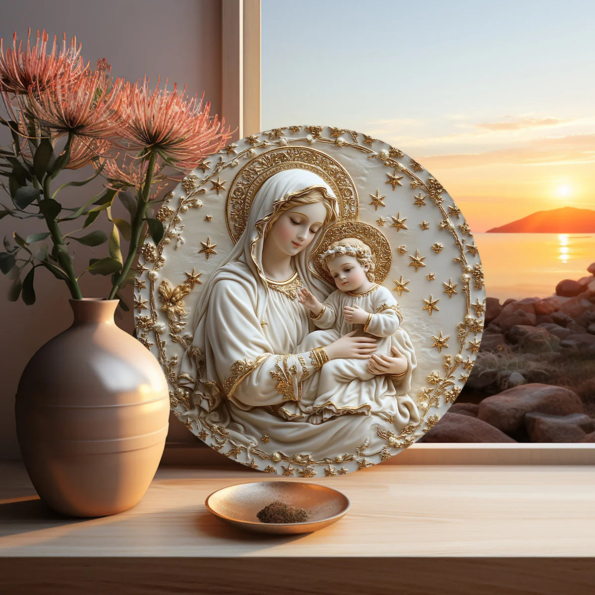 Arte Sacra em Alumínio: Virgem Maria com Menino Jesus