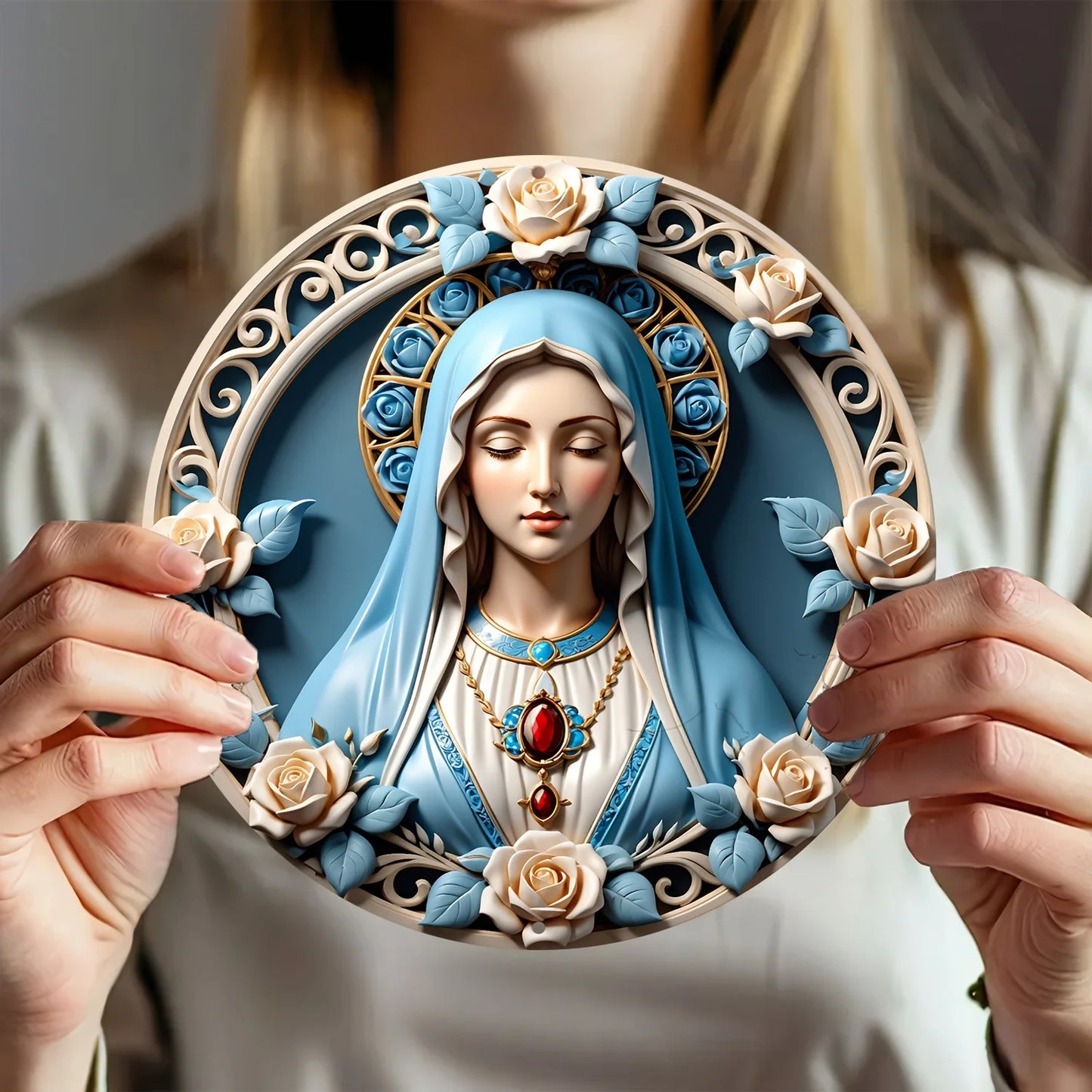 Arte de Parede Circular Virgem Maria 2D em Alumínio