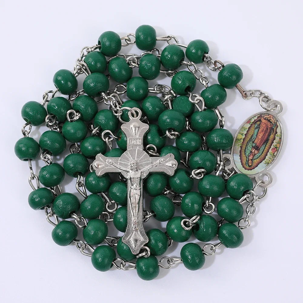 Colar de Rosário de Madeira para Mulheres e Homens, Pingente Religioso Virgem Maria Cruz, Cadeia de Contas Longas, Oração Católica, Jóias Festas, 6mm
