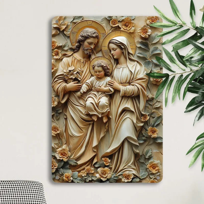 Placa Decorativa Sagrada Família em Tons Alaranjados