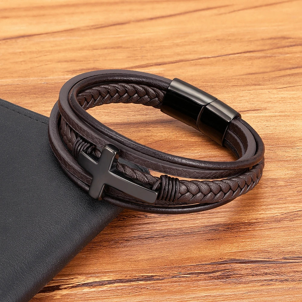 Pulseira Masculina de Couro com Cruz Sagrado Estilo