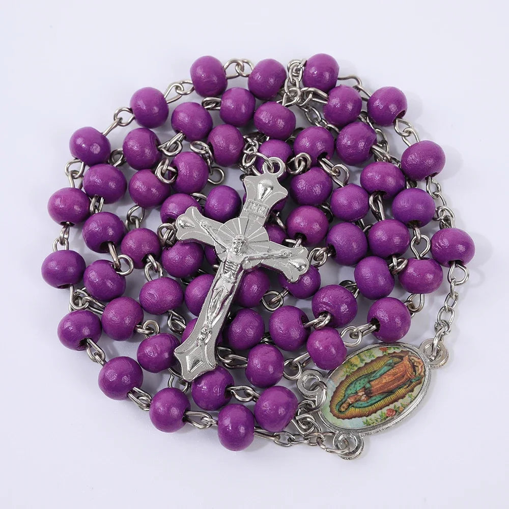 Colar de Rosário de Madeira para Mulheres e Homens, Pingente Religioso Virgem Maria Cruz, Cadeia de Contas Longas, Oração Católica, Jóias Festas, 6mm